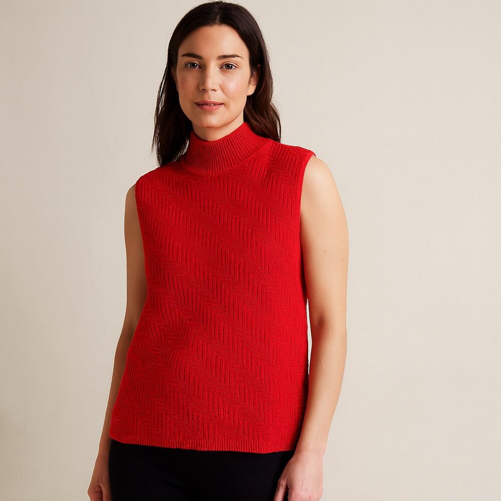 Kohls Women’s Mock Turtleneck Sleeveless Top Red Medium Chevron Knit